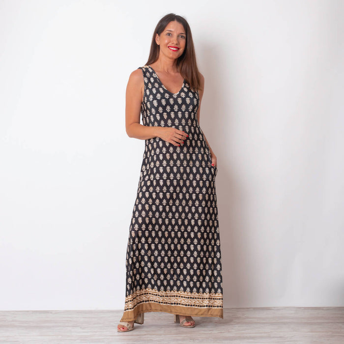 Vestido Midi com Bainha Estampada - Preto