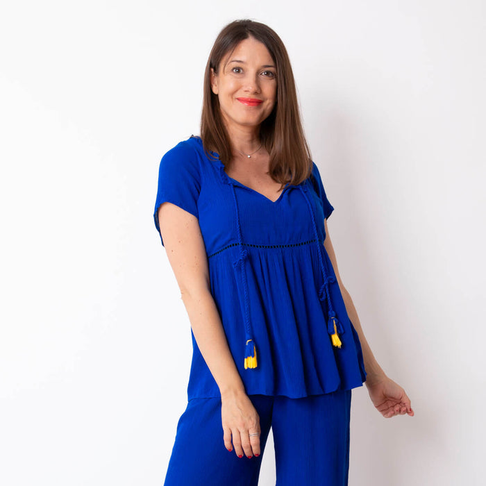 Blusa Bámbula Com Pompons - Azul Cobalto