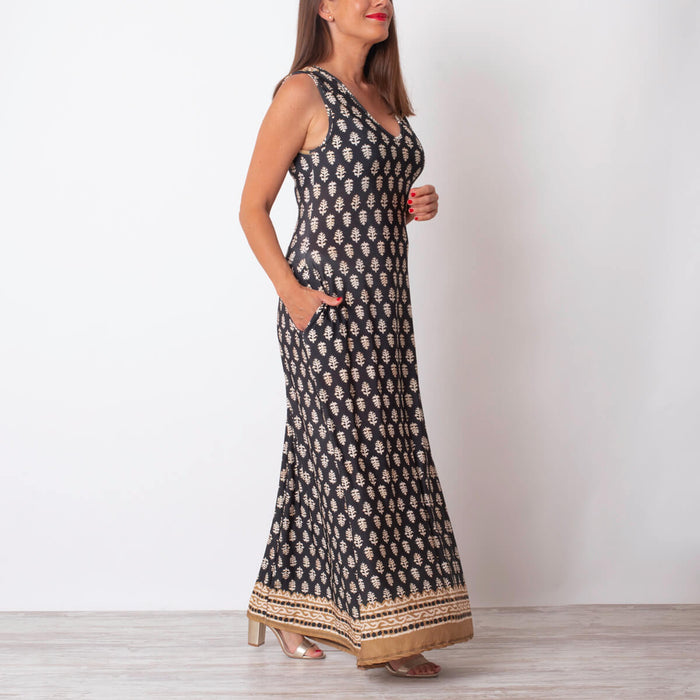 Vestido Midi com Bainha Estampada - Preto