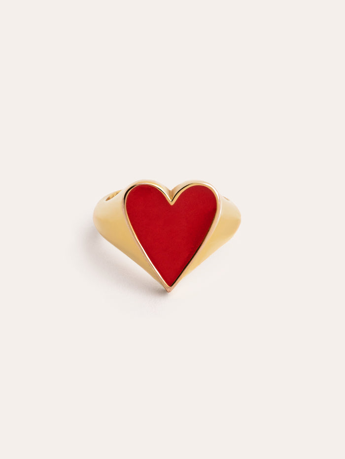 Anel Lovely Heart Red Enamel Banho Ouro