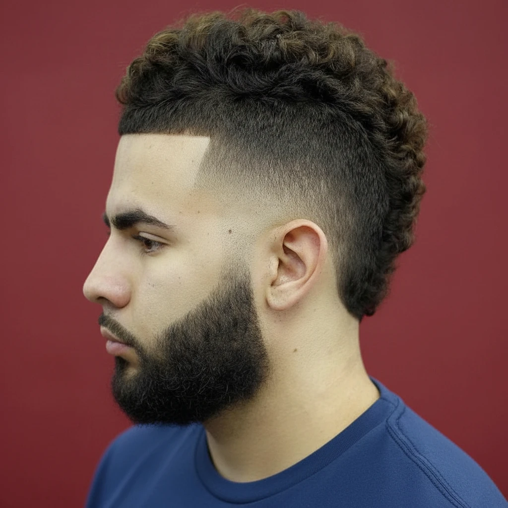 Corte americano con degradado y cabello rizado.