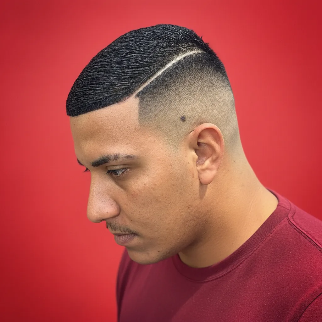 Corte High Fade com Risco Lateral em Cabelo Liso