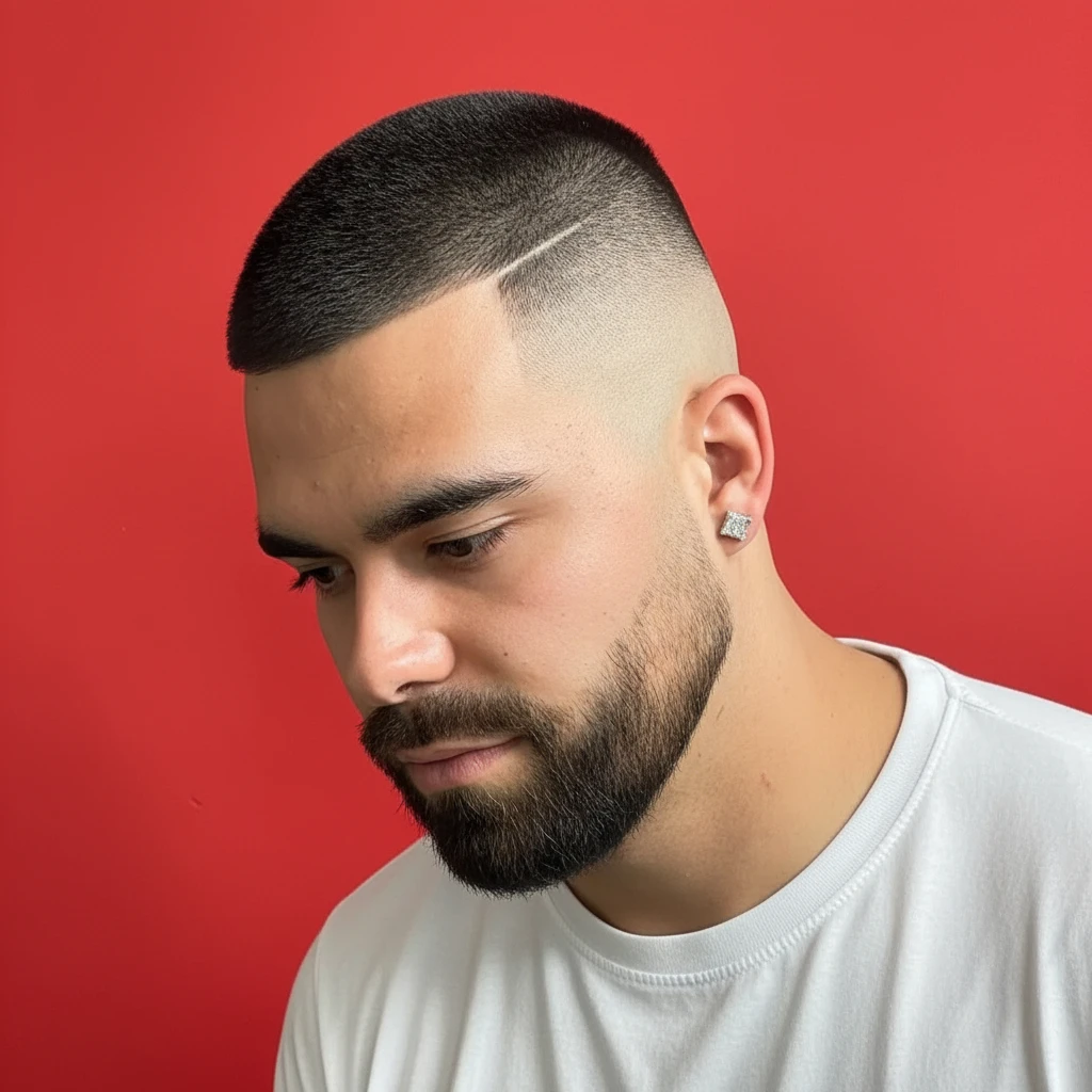 Corte High Fade com Risco Lateral em Cabelo Liso
