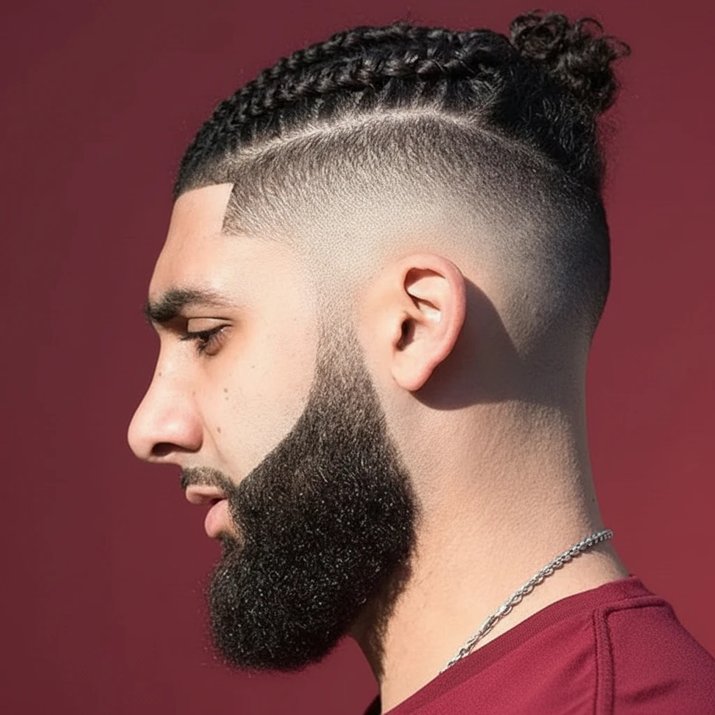 Corte High Fade com Trança e Barba Estilizada