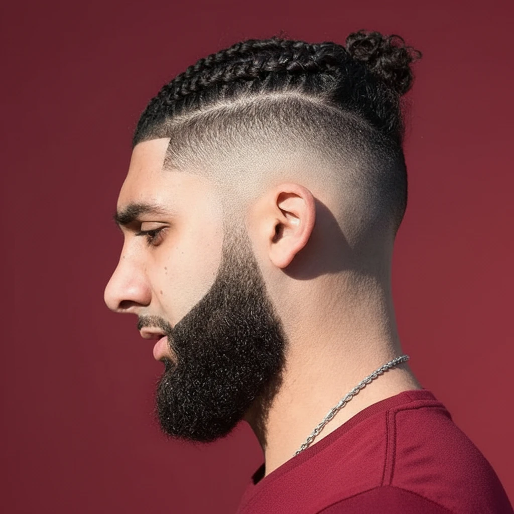 Corte High Fade com Tranças e Barba Estilizada