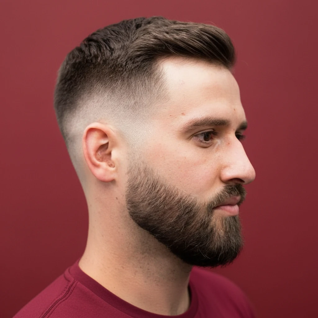 Corte de alto desvanecimiento en cabello lacio con barba estilizada