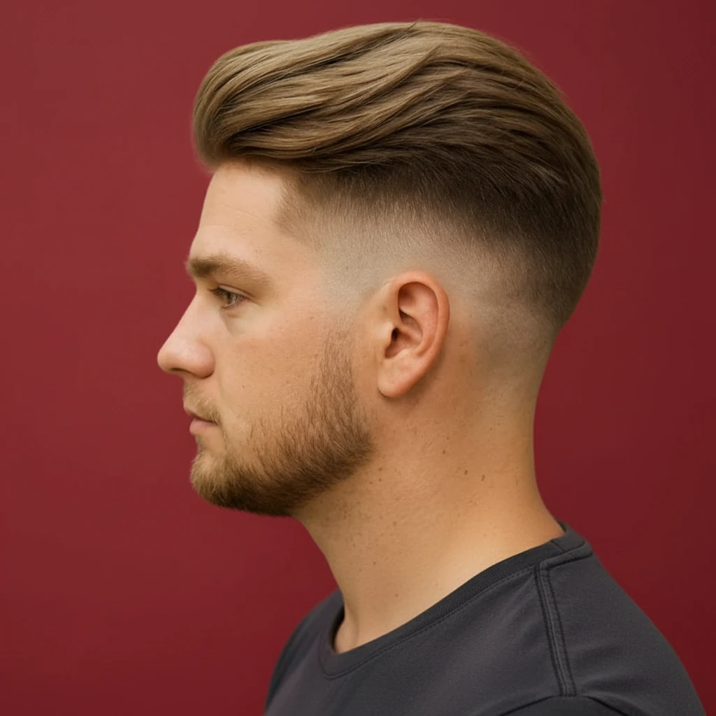 Corte de alto desvanecimiento en cabello liso con volumen en la parte superior