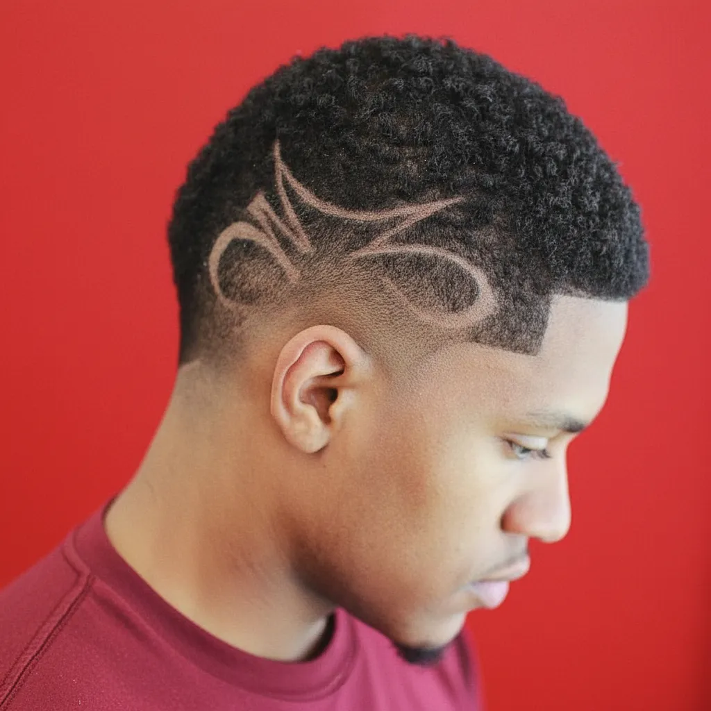 Corte Low Fade com Risco Lateral em Cabelo Crespo