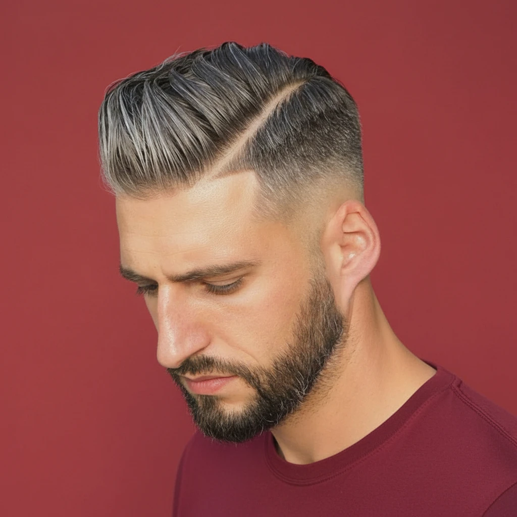 Corte Low Fade com Risco Lateral em Cabelo Liso