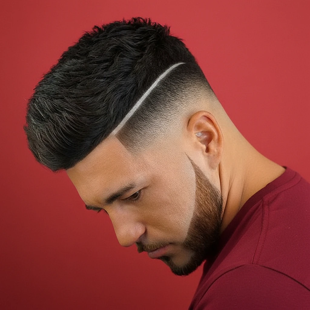 Men's Low Fade Haircut with Side Hair Design on Straight Hair