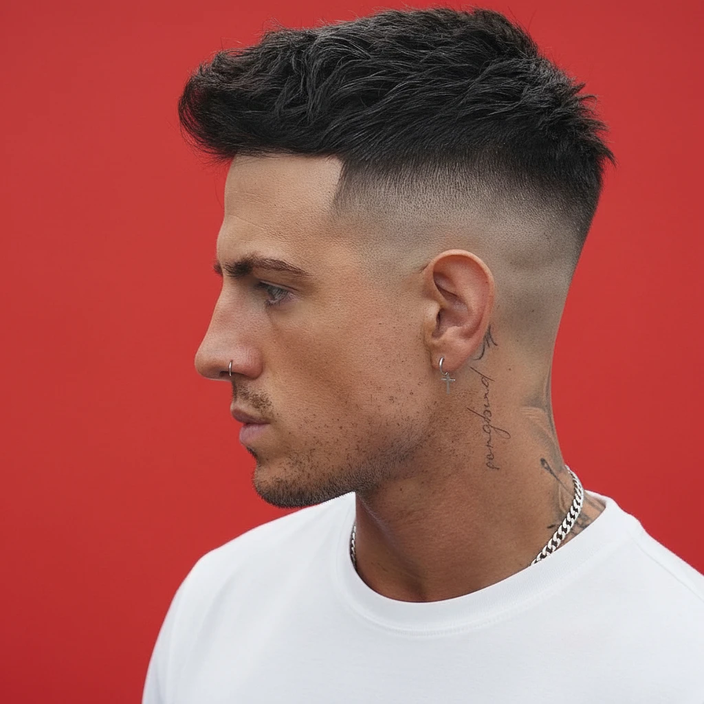 Corte de desvanecimiento bajo en cabello lacio con acabado moderno