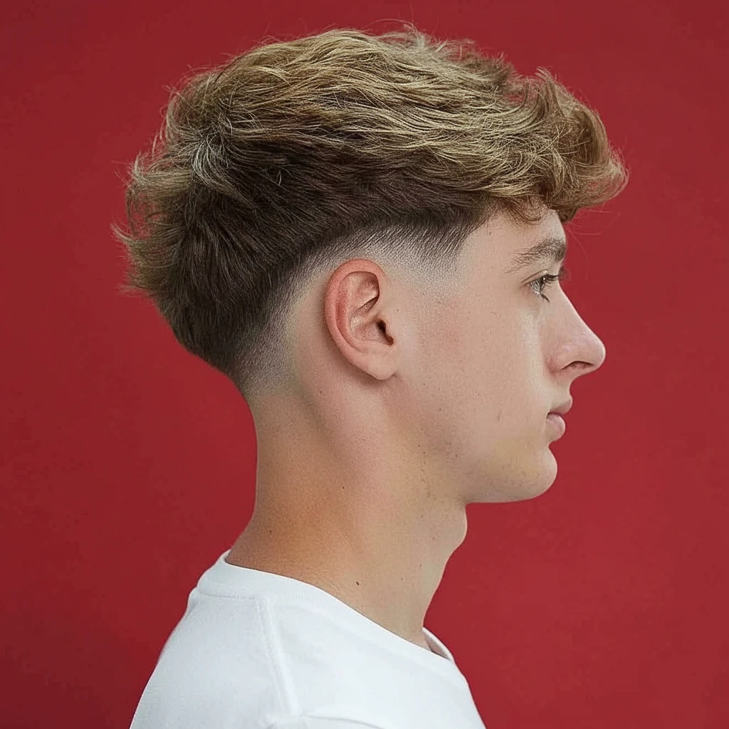 Corte de desvanecimiento bajo en cabello lacio con volumen en la parte superior