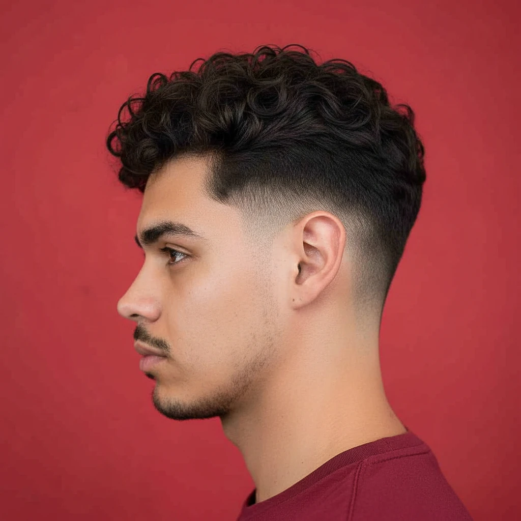 Corte rizado para hombre con degradado bajo