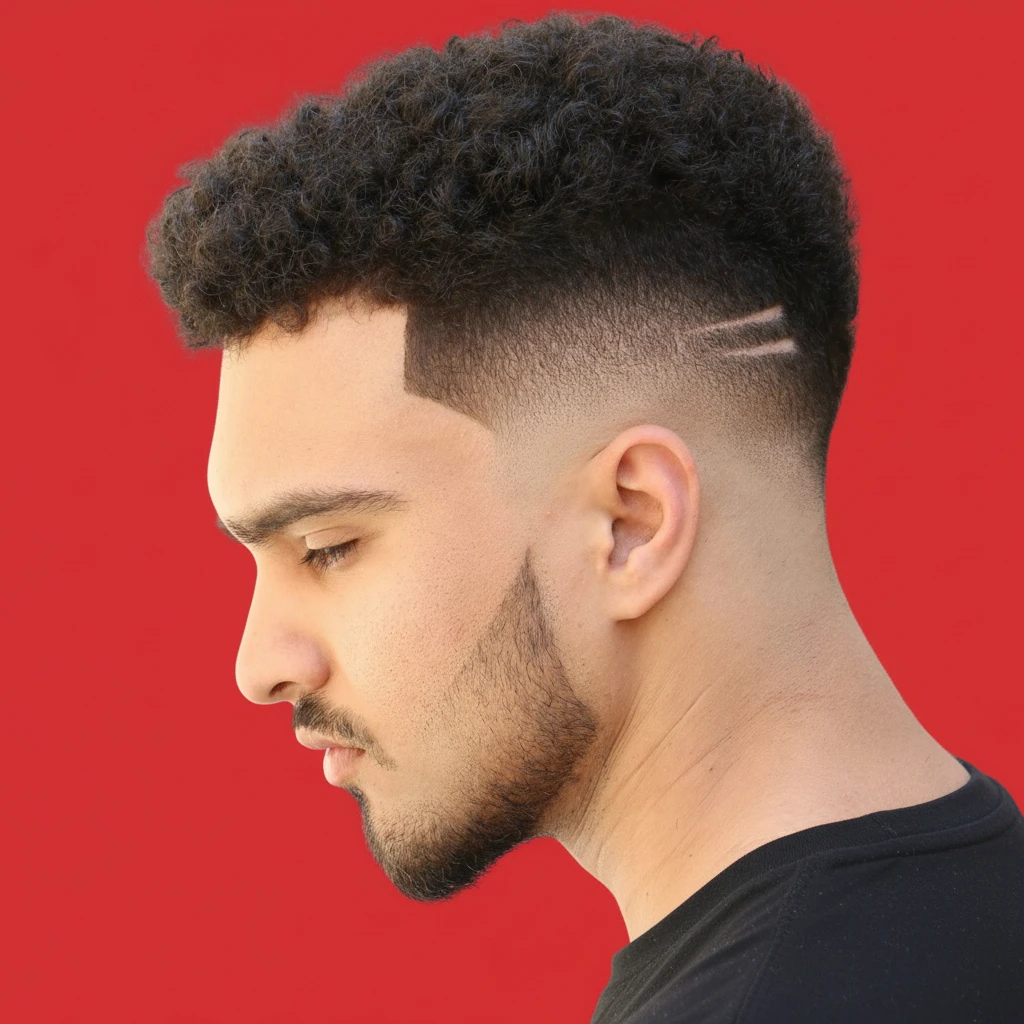 Corte medio desvanecido con riesgo en cabello rizado