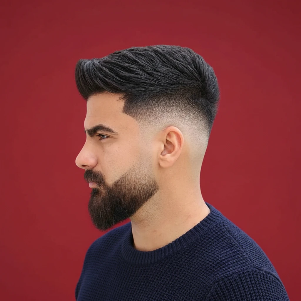 Corte medio desvanecido en cabello lacio con barba