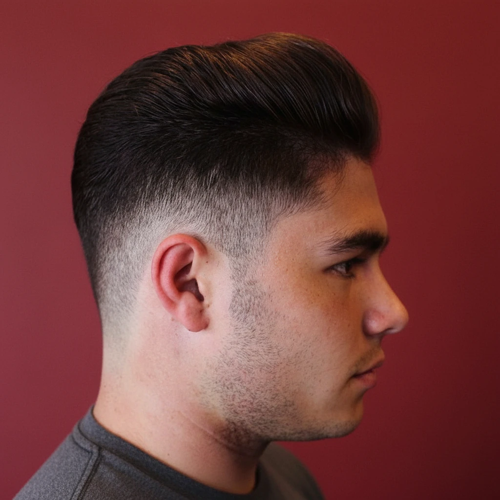 Corte Mid Fade em Cabelo Liso com Volume no Topo