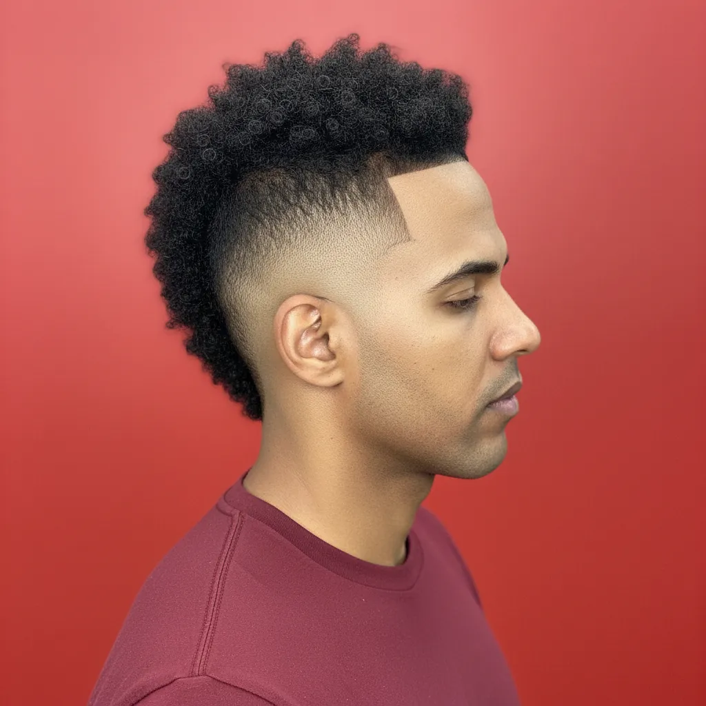 Corte Mohawk con cabello rizado degradado