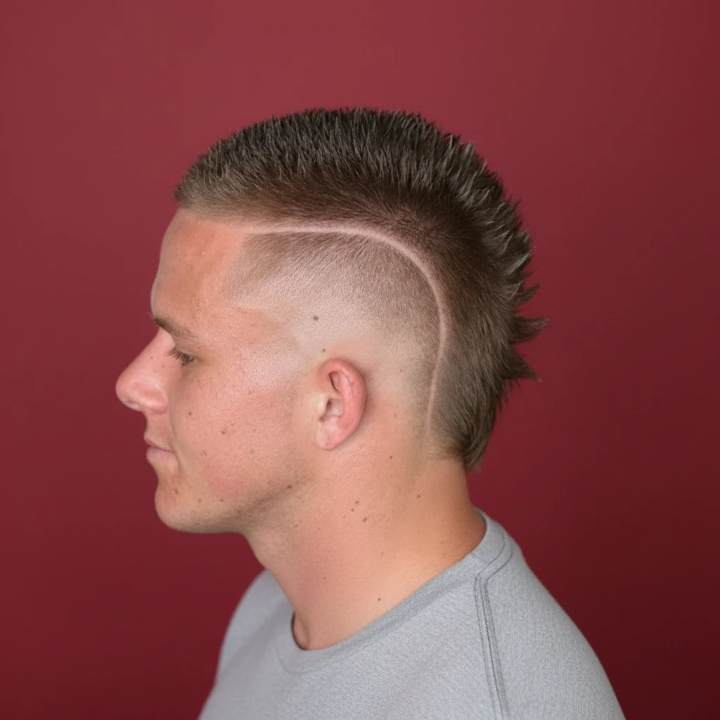 Corte Mohawk con raya lateral en cabello liso