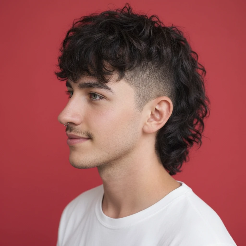 Men's Mullet Cut with Gradient and Curly Hair