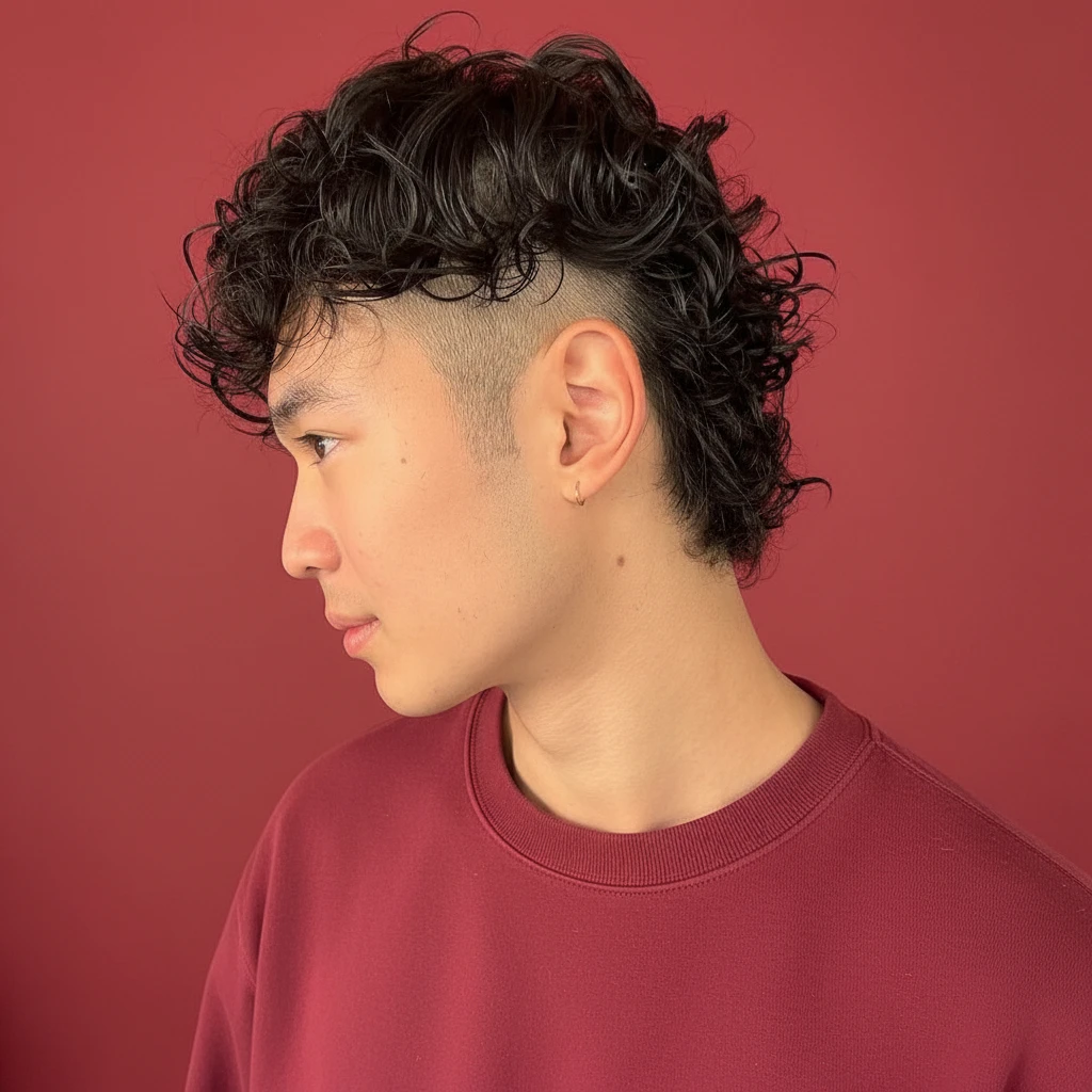 Corte Mullet Masculino em Cabelo Cacheado com Degradê