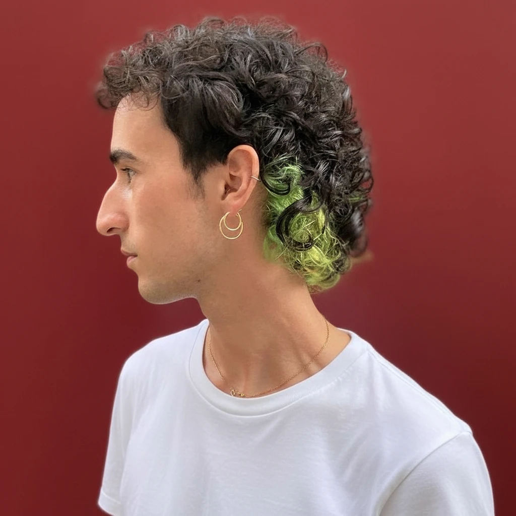 Corte Mullet Masculino em Cabelo Cacheado com Destaque