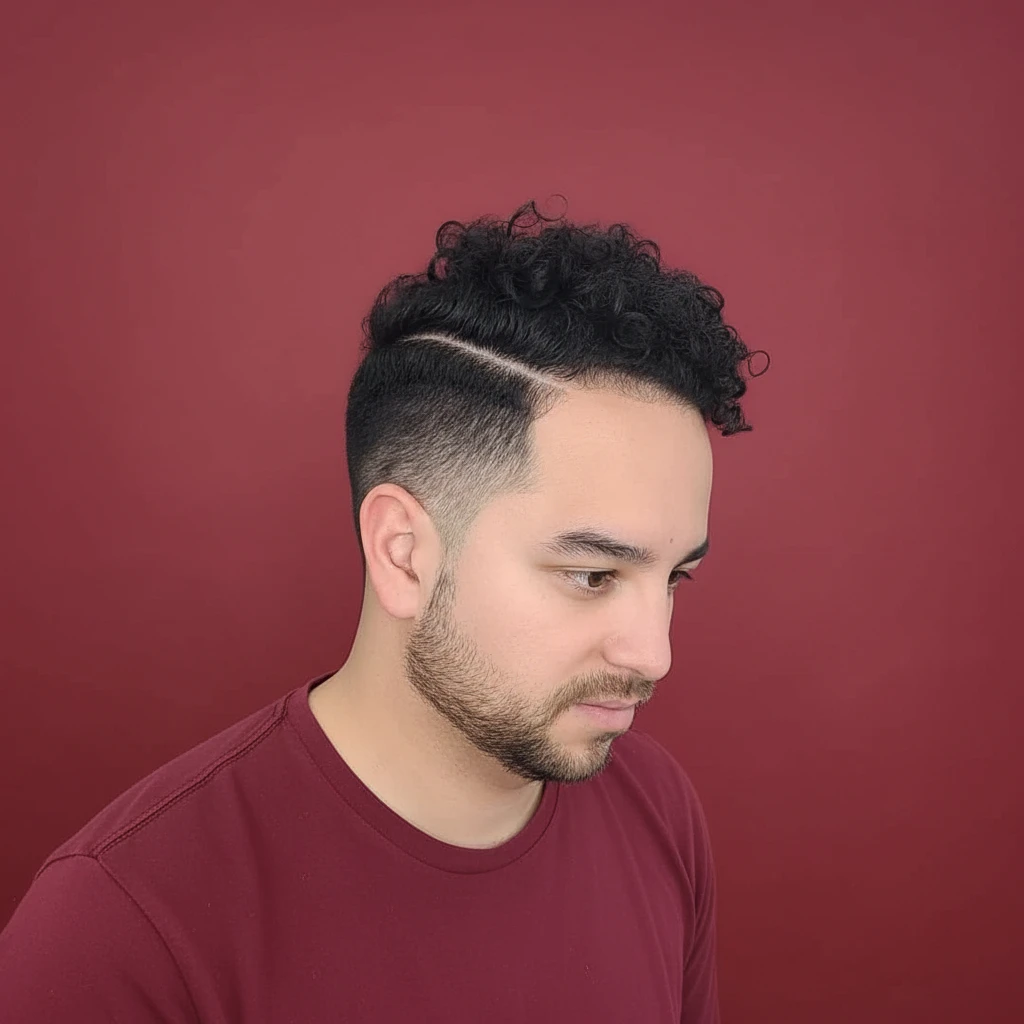 Corte de pelo rizado para hombres con degradado lateral